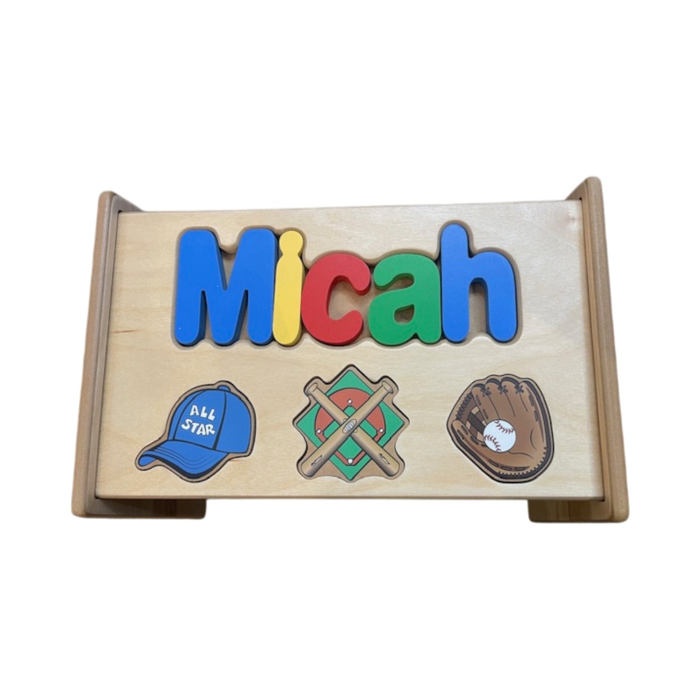 Micah Baseball Theme Natural Wood Puzzle Stool