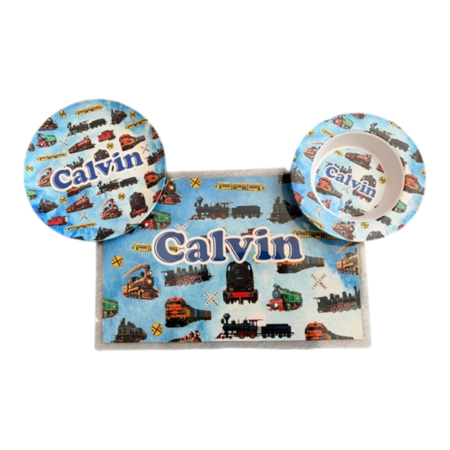 Calvin Trains Theme Kids Personalized Microwaveable Dishwasher Safe Dish Set