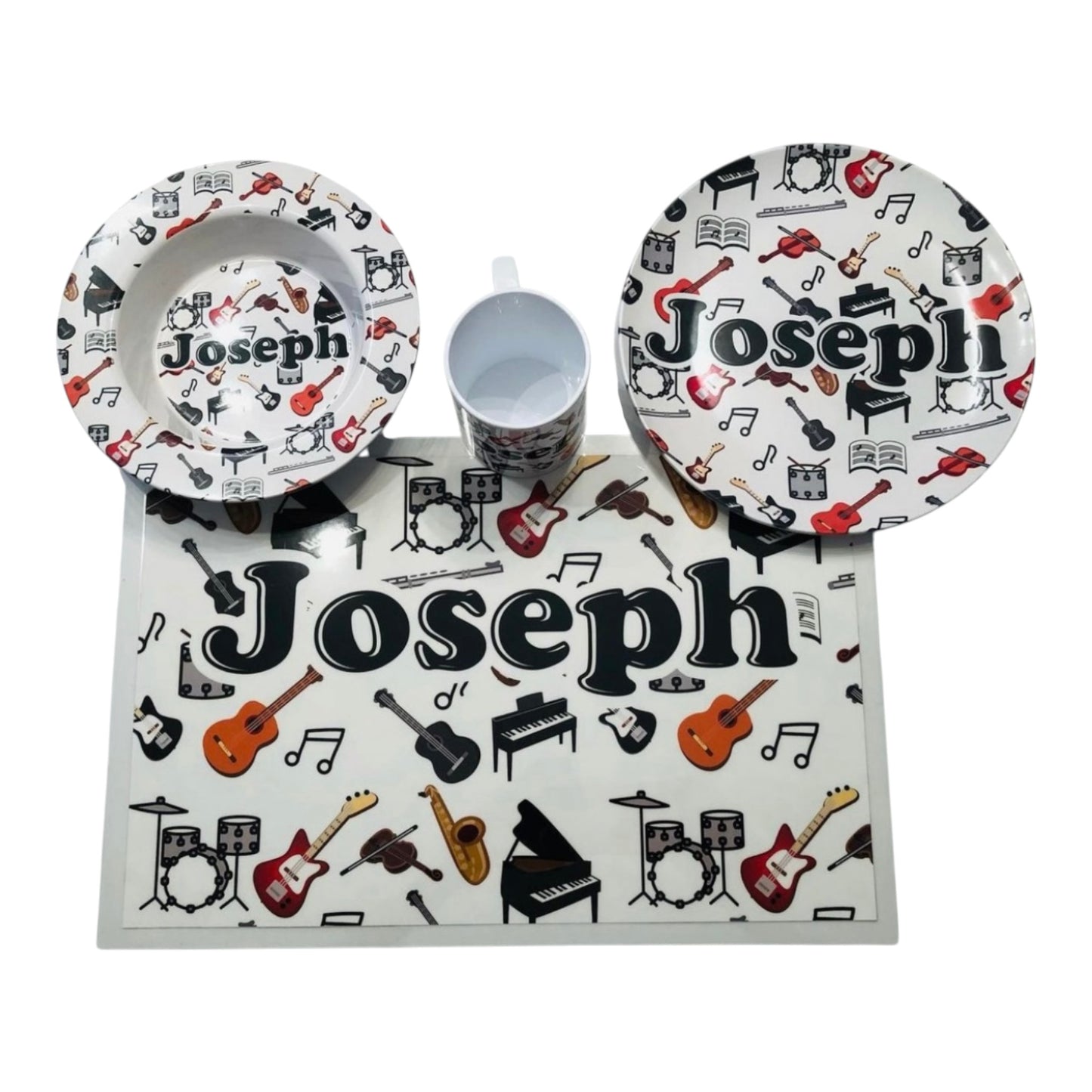 Joseph Musical Instruments Theme Kids Personalized Microwaveable Dishwasher Safe Fish Set