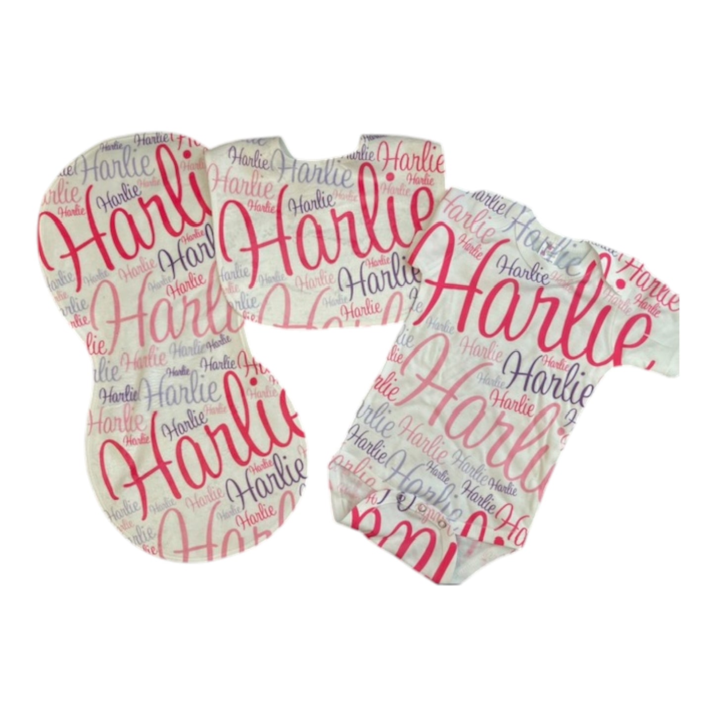 Harlie Personalized Scattered Name Onesie,Bib & Burp Set