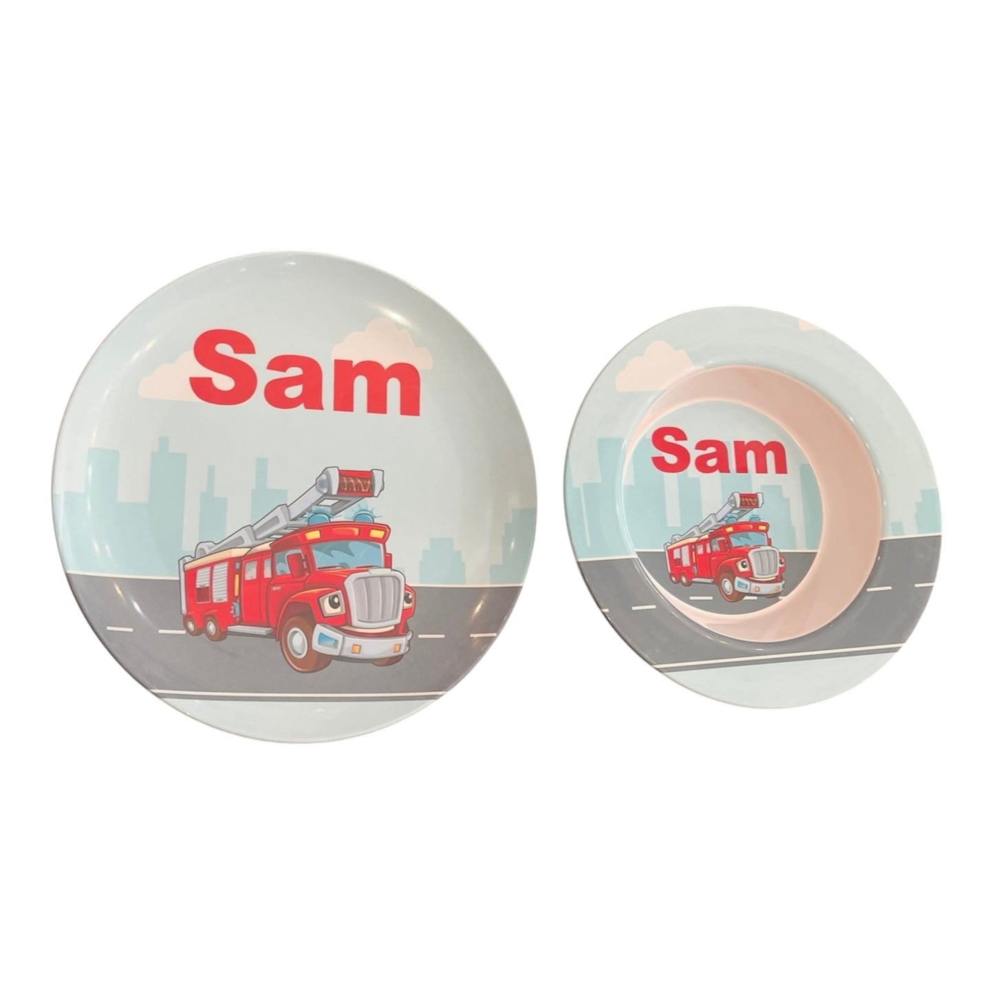 Sam Firetruck Theme Personalized Microwaveable Dish Washer Safe Dish Set
