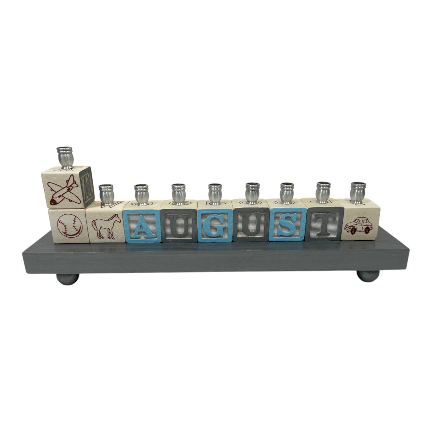 August Light Blue/Grey Personalized Hand Painted Block Menorah with a Painted Base