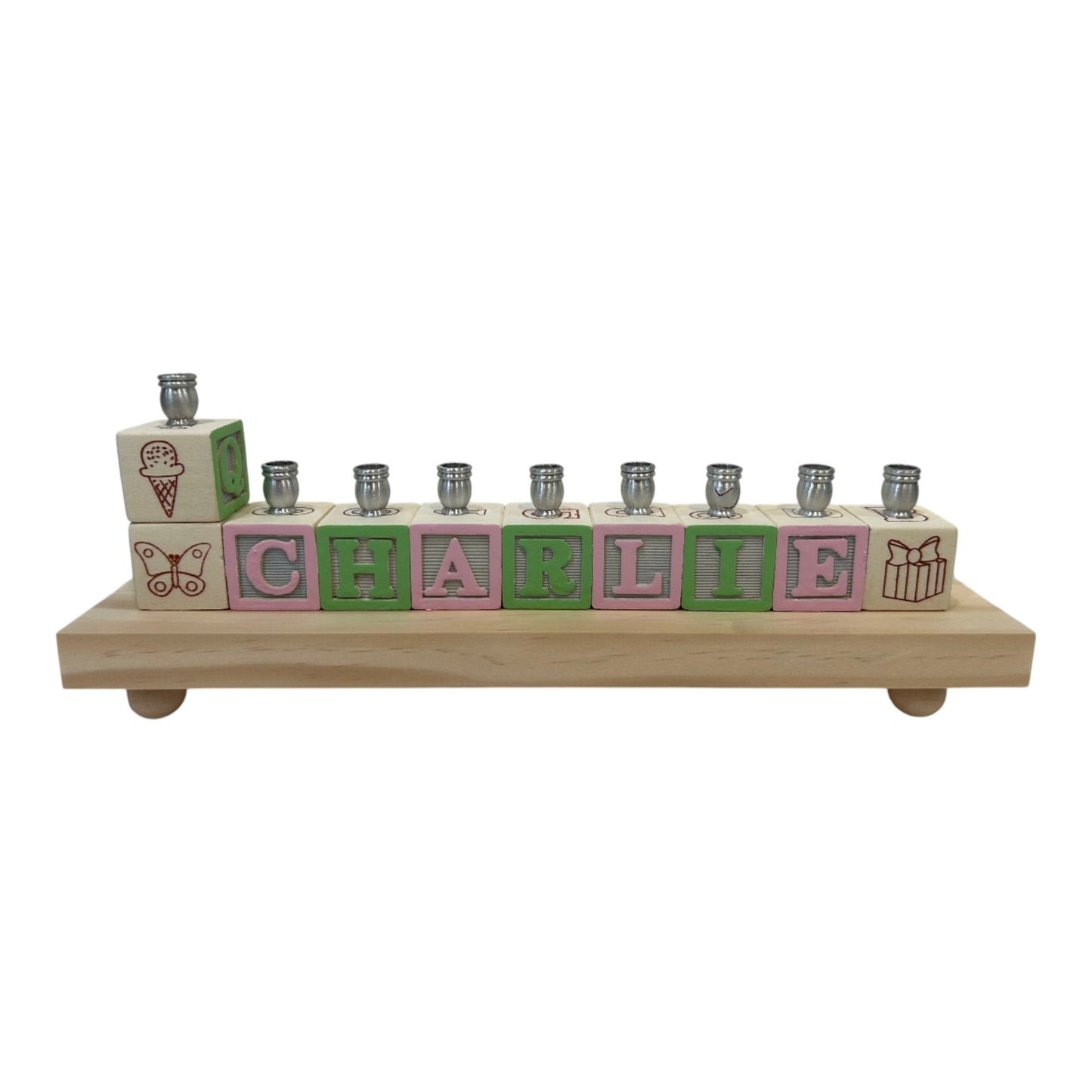 Charlie Pink/Green Personalized Hand Painted Block Menorah with a Natural Base