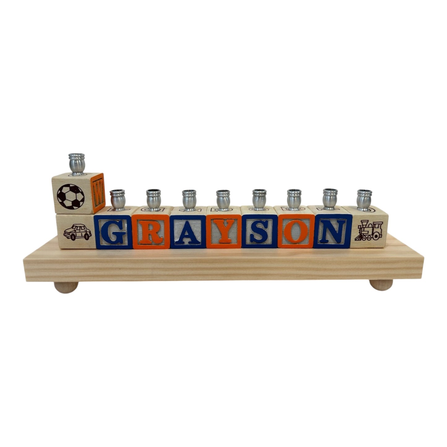 Grayson Blue/Orange Personalized Hand Painted Block Menorah with a Natural Base
