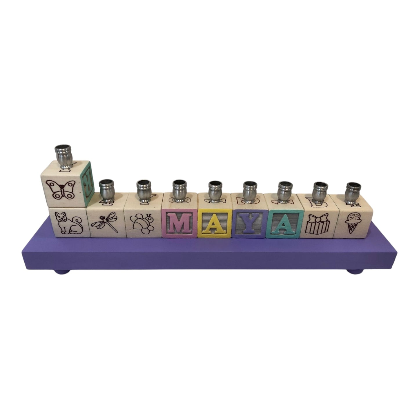 Maya Pastels Personalized Hand Painted Block Menorah with a Painted Base