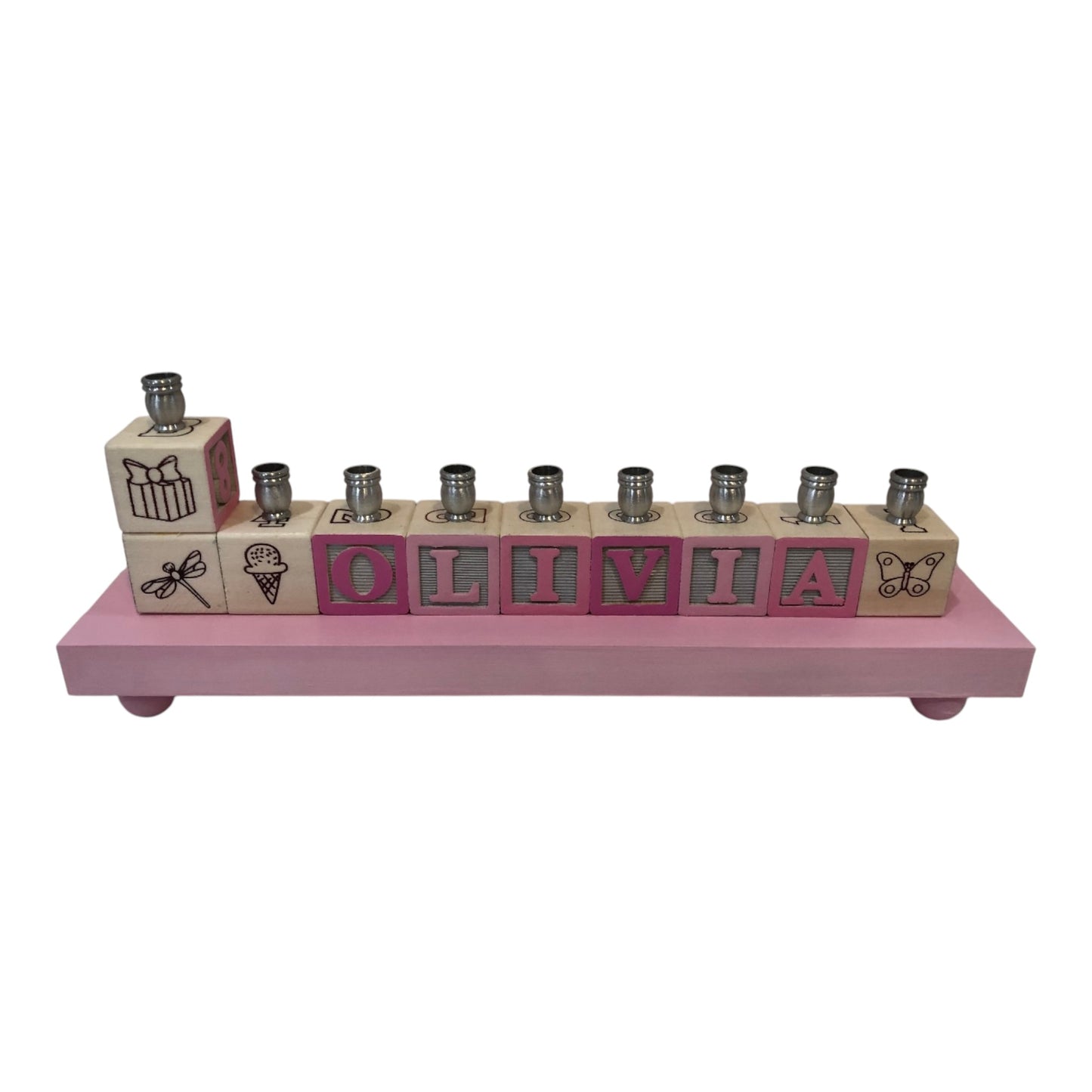 Olivia Pinks Personalized Hand Painted Block Menorah with a Painted Base