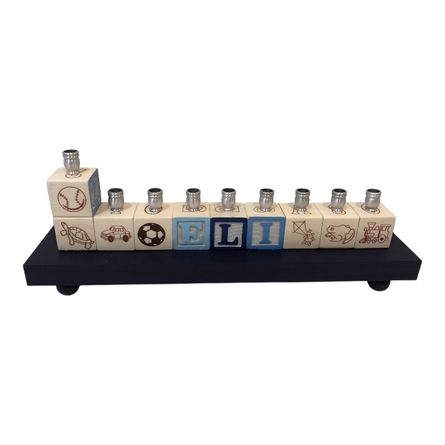 Eli Navy Blue/Light Blue Personalized Hand Painted Block Menorah with a Painted Base