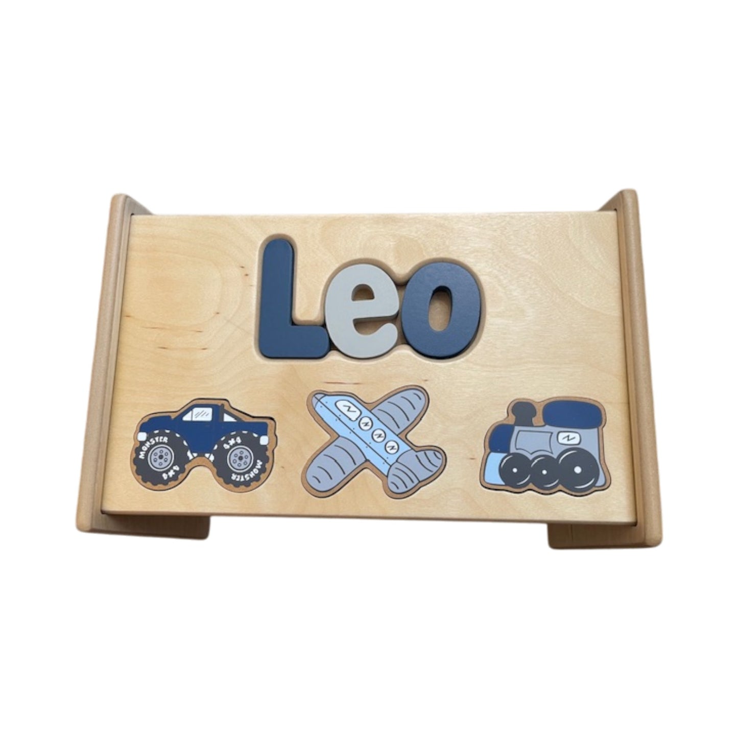 Leo Blue/Grey Natural Wood Transportation Puzzle Stool