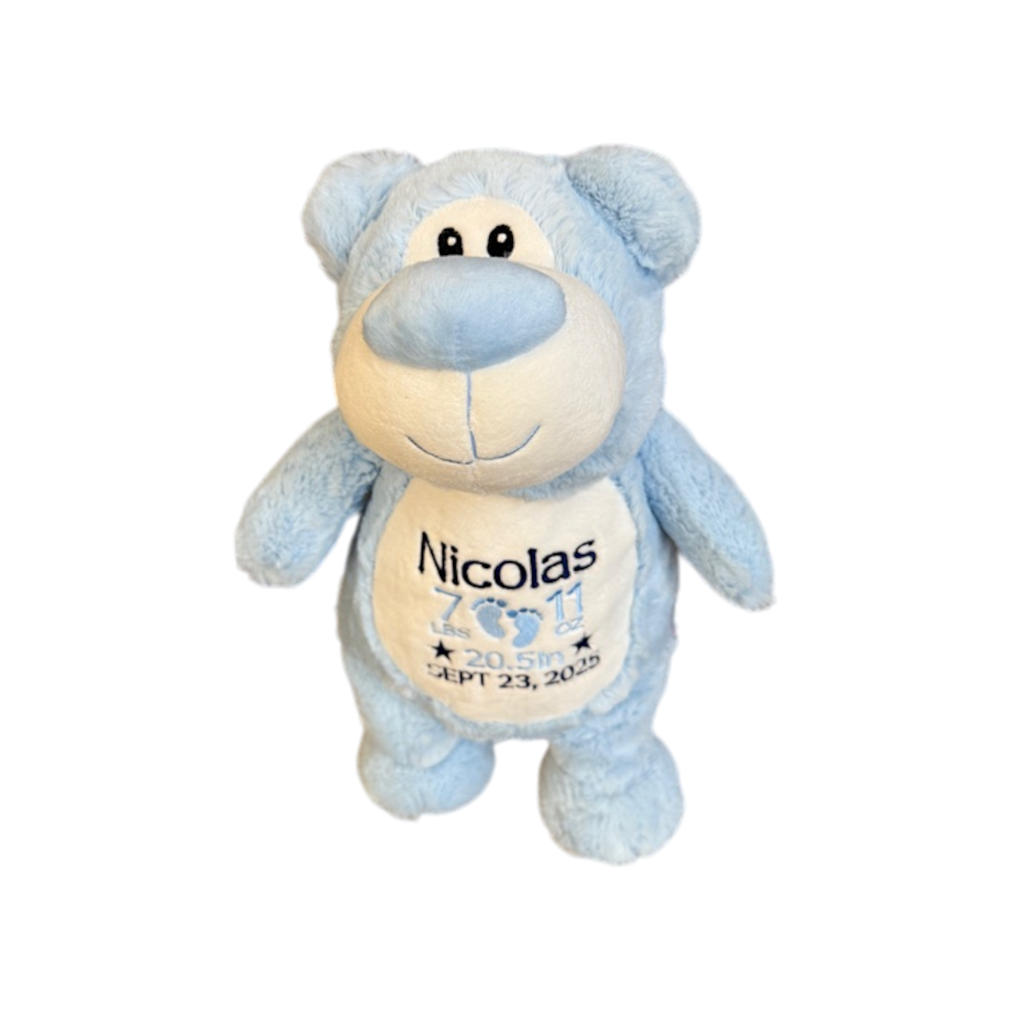 Nicholas Personalized Embroidered Baby Info Stuffed Blue Bear