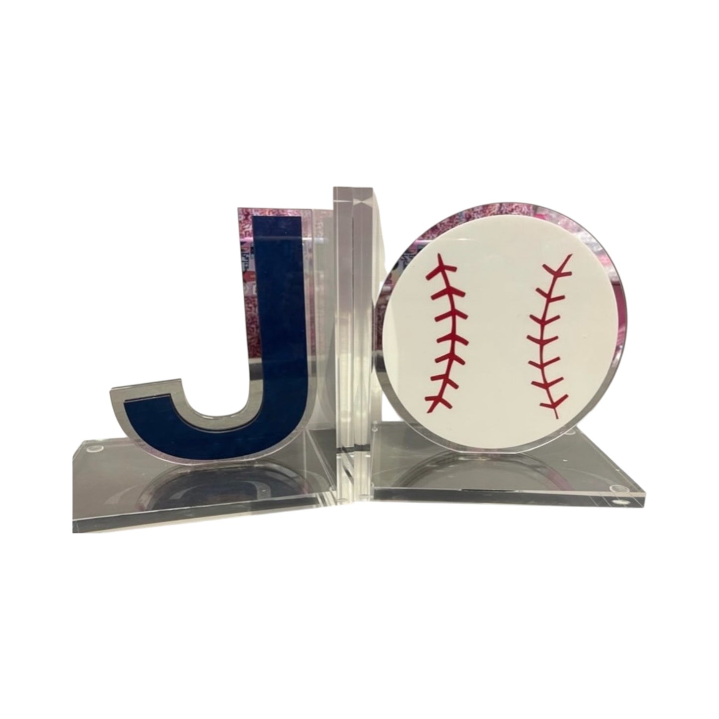 Initial J/Baseball Lucite Book Ends