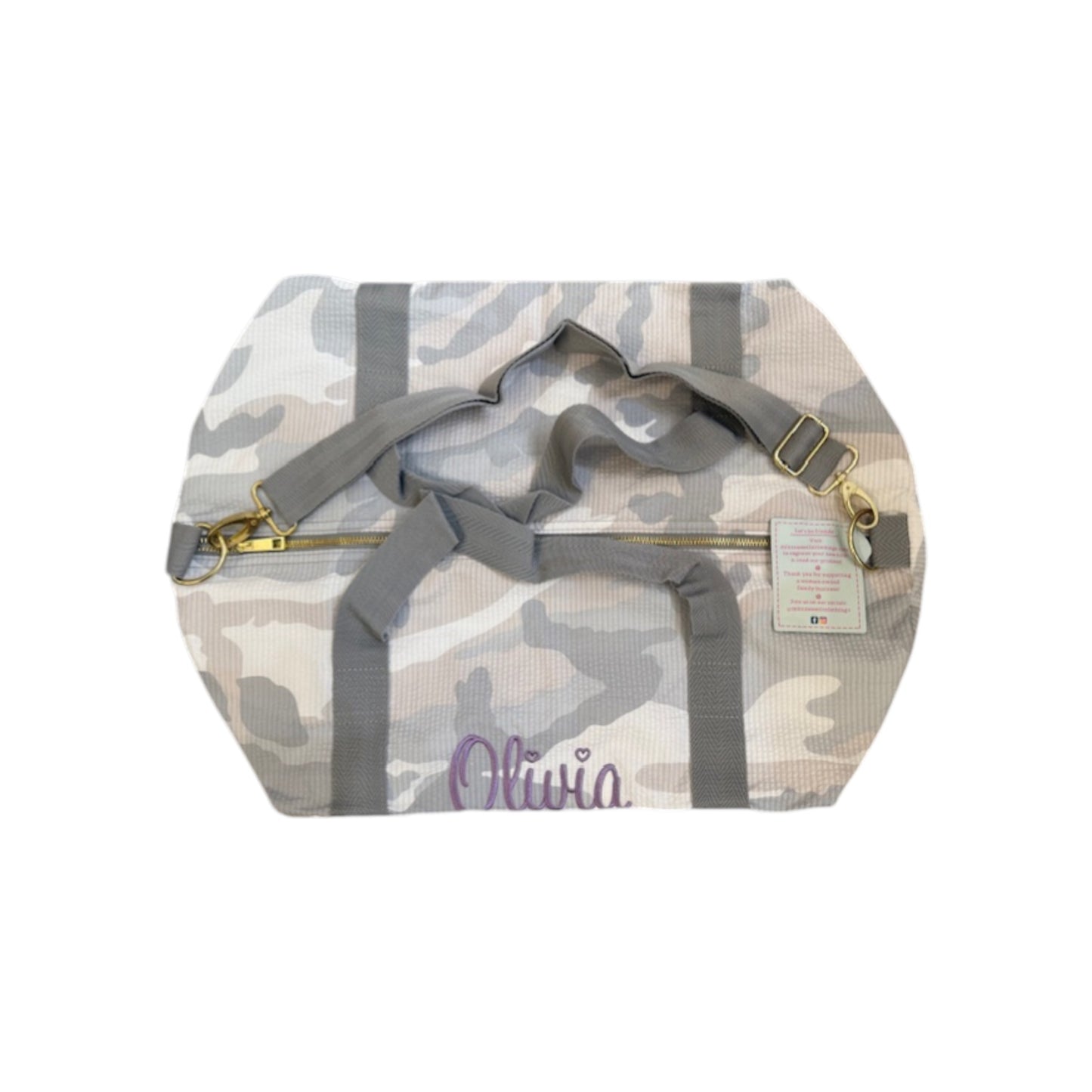 Olivia Lavendar Name Grey Camo Seersucker Personalized Embroidered Name Duffle Bag