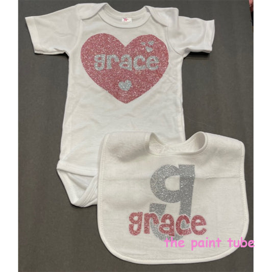 Grace Heart Name/Initial Onesie/Bib Set