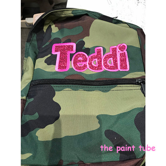 Teddy Glitter Name Toddler Camo Back Pack