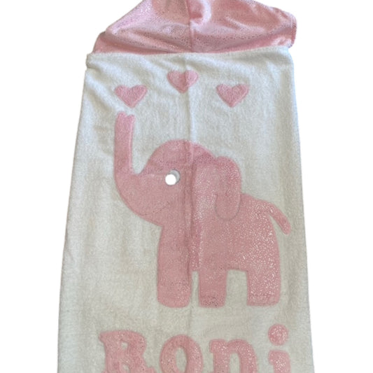 Roni Minky Pink Glitter Look  Elephant Design Hooded Towel