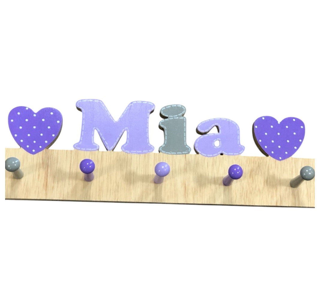 Mia  Cur Out Name with Hearts Wall Rack with Pegs