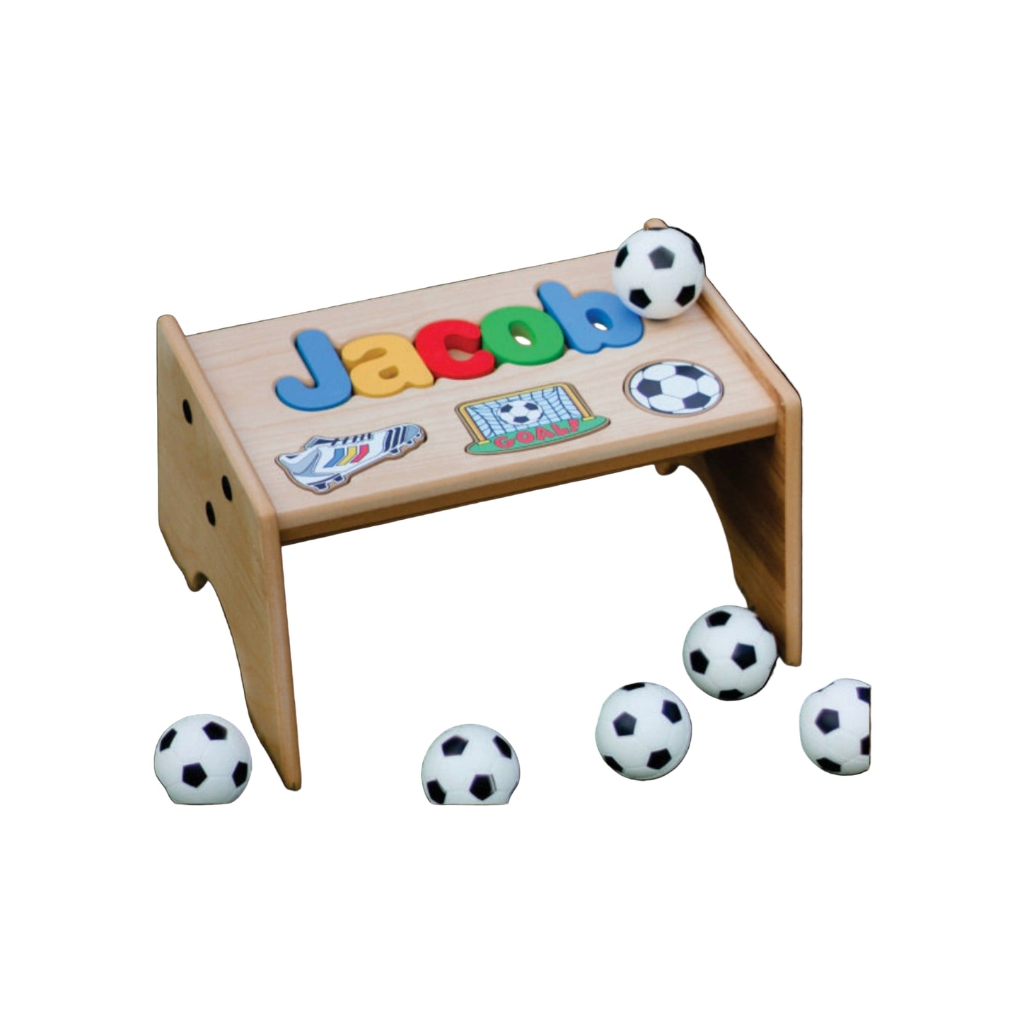Jacob Soccer Theme Natural Wood Puzzle Stool
