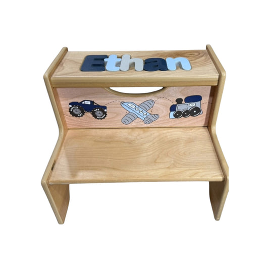 Ethan Natural Wood 2 Step Up Puzzle Stool  with Transportation Theme