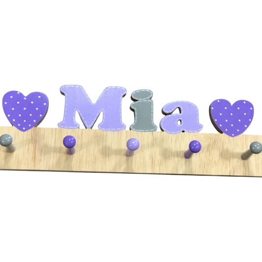 Mia Cut Out  Name with Hearts Wall Rack with Pegs