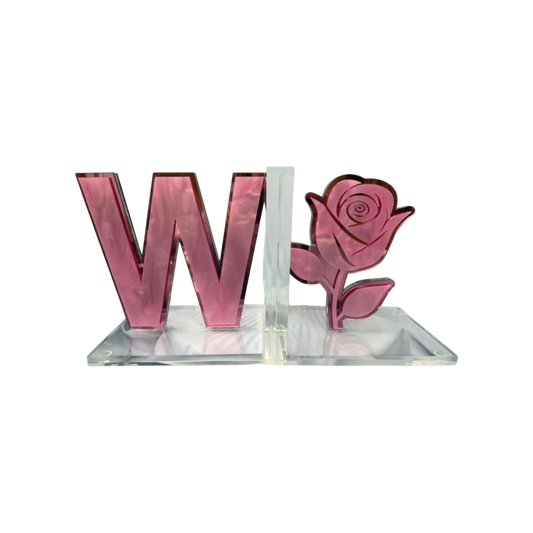 Initial W/Rose Lucite Book Ends