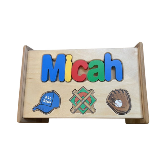 Micah Baseball Theme Natural Wood Puzzle Stool