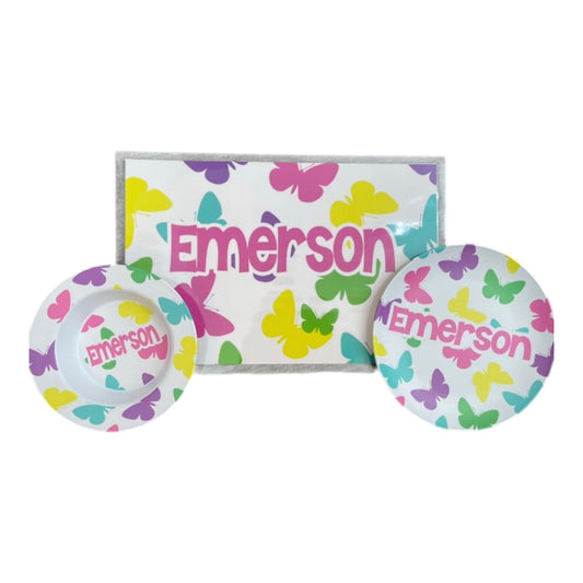 Emerson Butterflies Theme Kids Personalized Microwaveable Dishwasher Safe DIsh Set