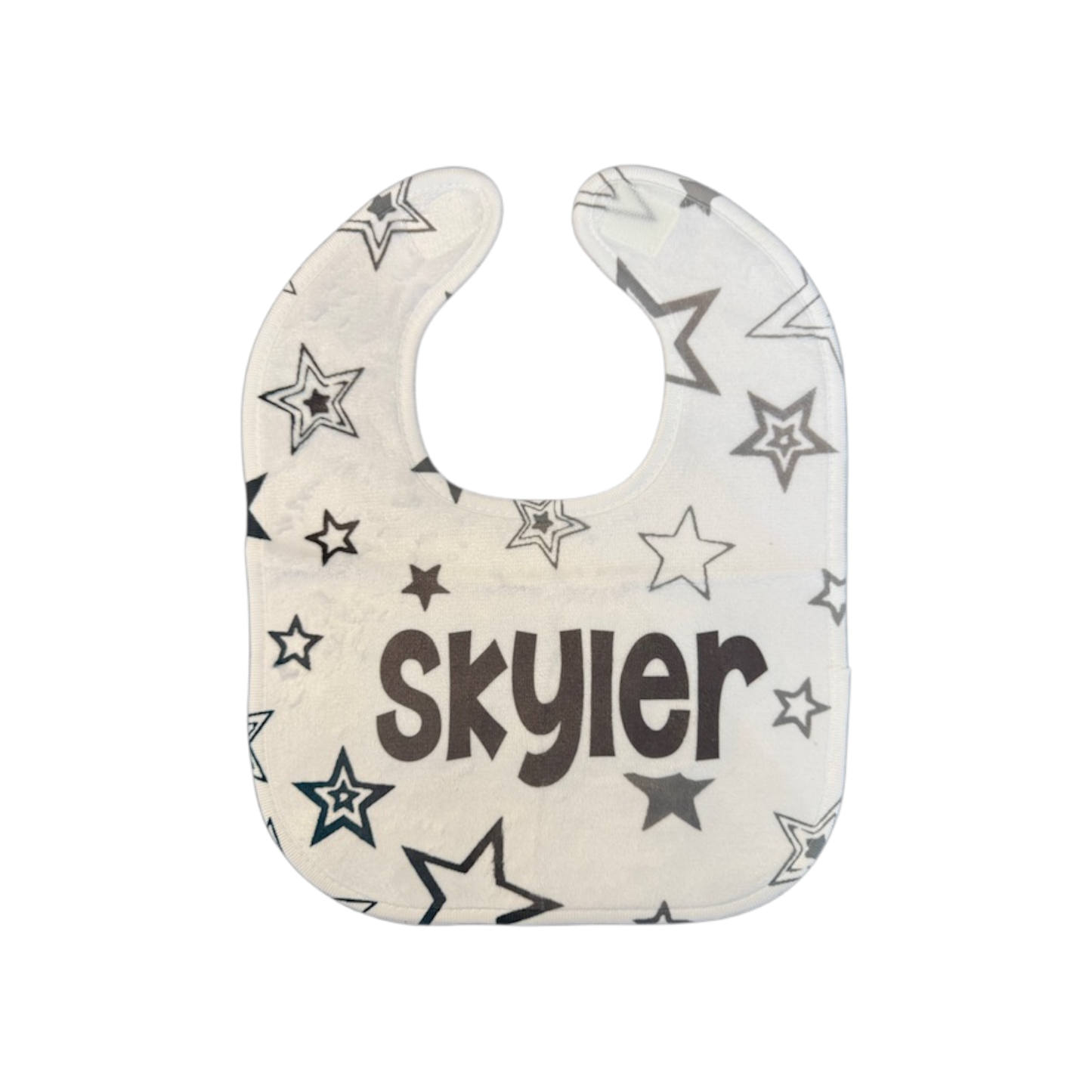 Skyler Personalized Greys/Black Stars Theme Bib