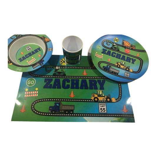 Zachary Transportation Theme Kids Personalized Microwavebale Dish Washer Safe Dish Set