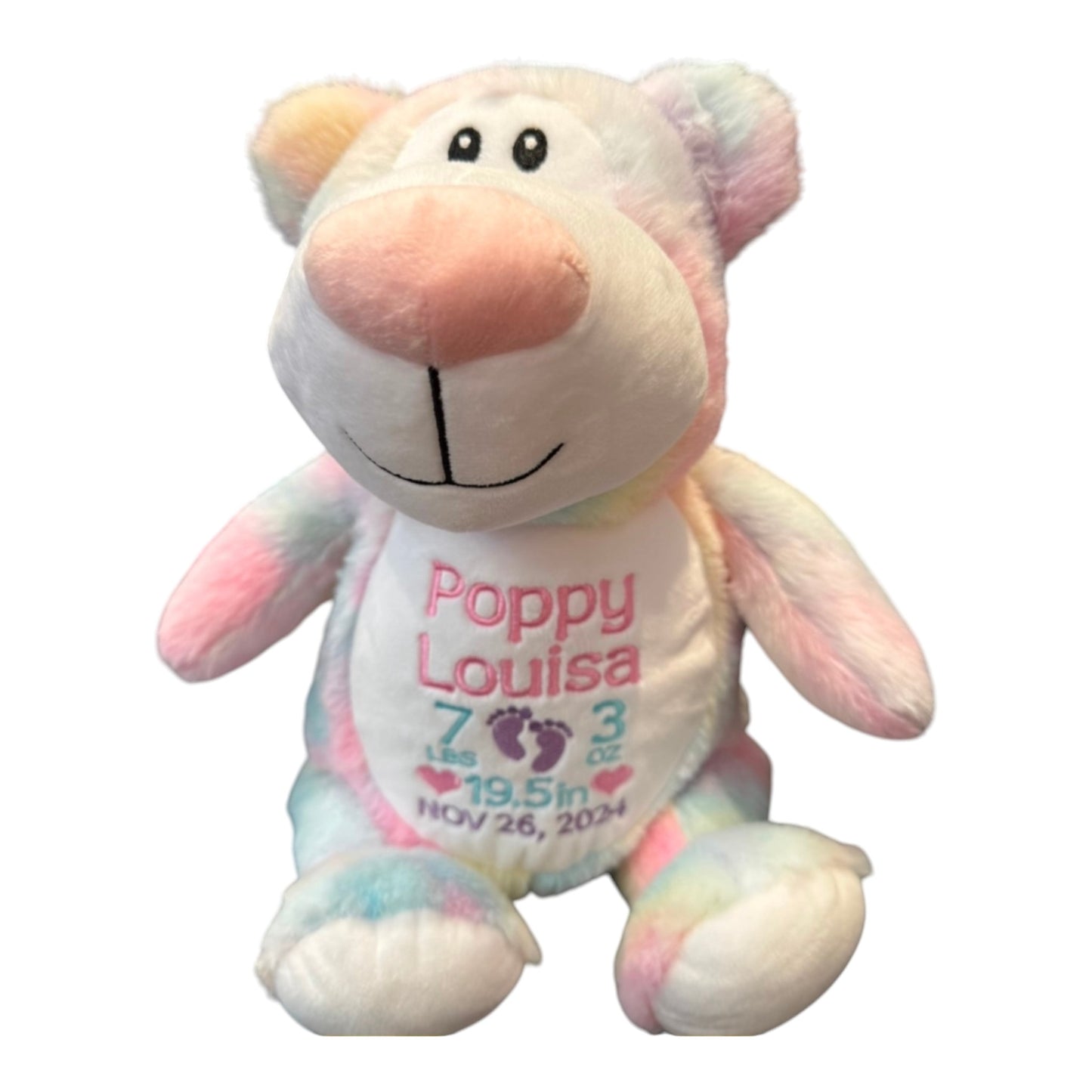 Poppy Louise Personalized Embroidered Statistics Stuffed Pink Bear