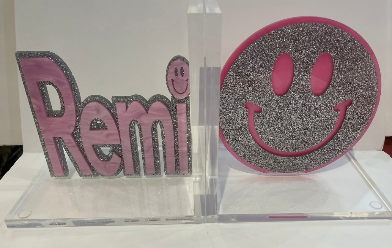 Remi Personalized  Name/Smiley Face Lucite Bookends