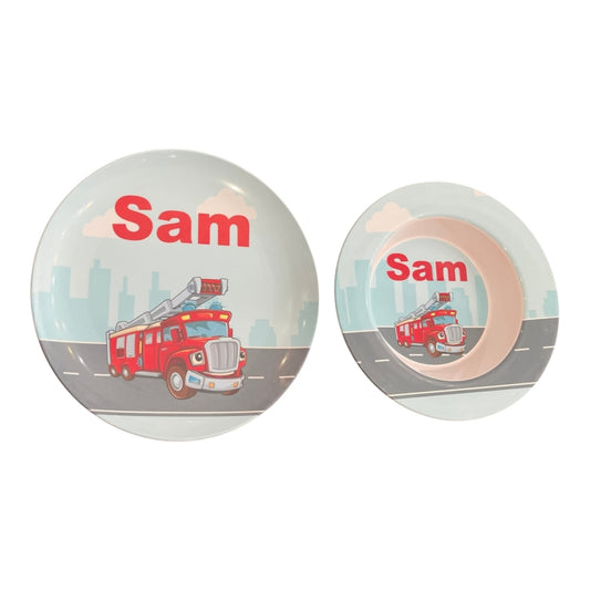 Sam  Firetruck Theme  Personalized Microwaveable Dish Washer Safe Dish Set