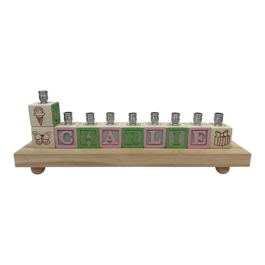 Charlie Pink/Green Personalized Hand Painted  Block Menorah with a Natural Base
