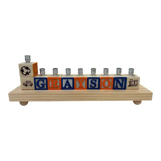 Grayson Blue/Orange Personalized Hand Painted Block Menorah with a Natural Base