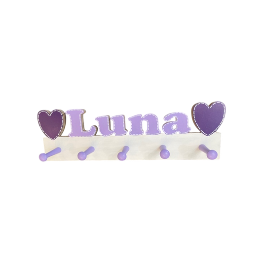 Luna Cut Out Name with Hearts Wall Rack with Pegs