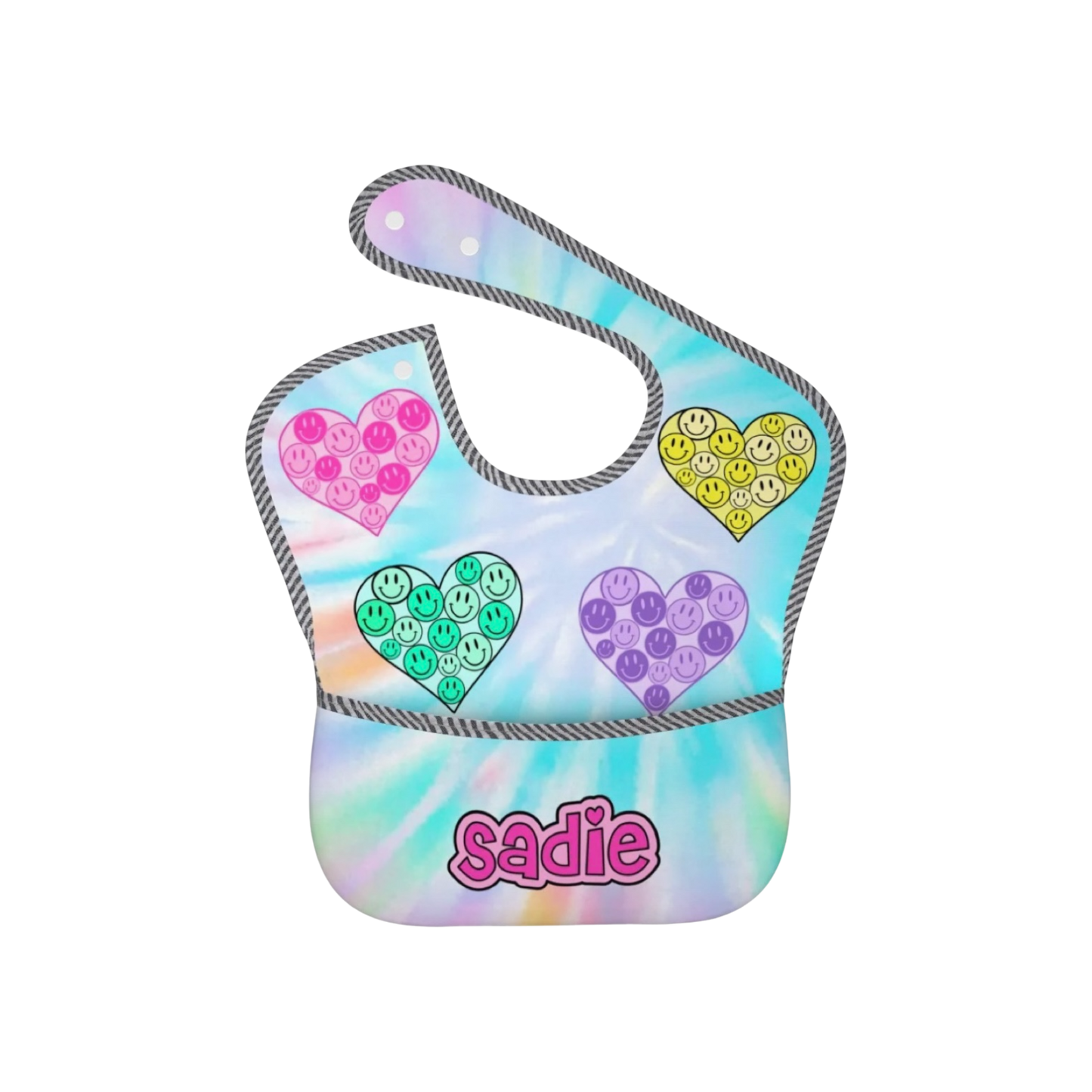 Sadie Personalized Hearts Happy Face Theme Wipeable Bib