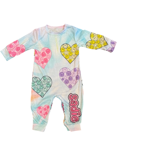 Sadie Personalized Happy Heart Faces Snap Botton Long Sleeve Footie