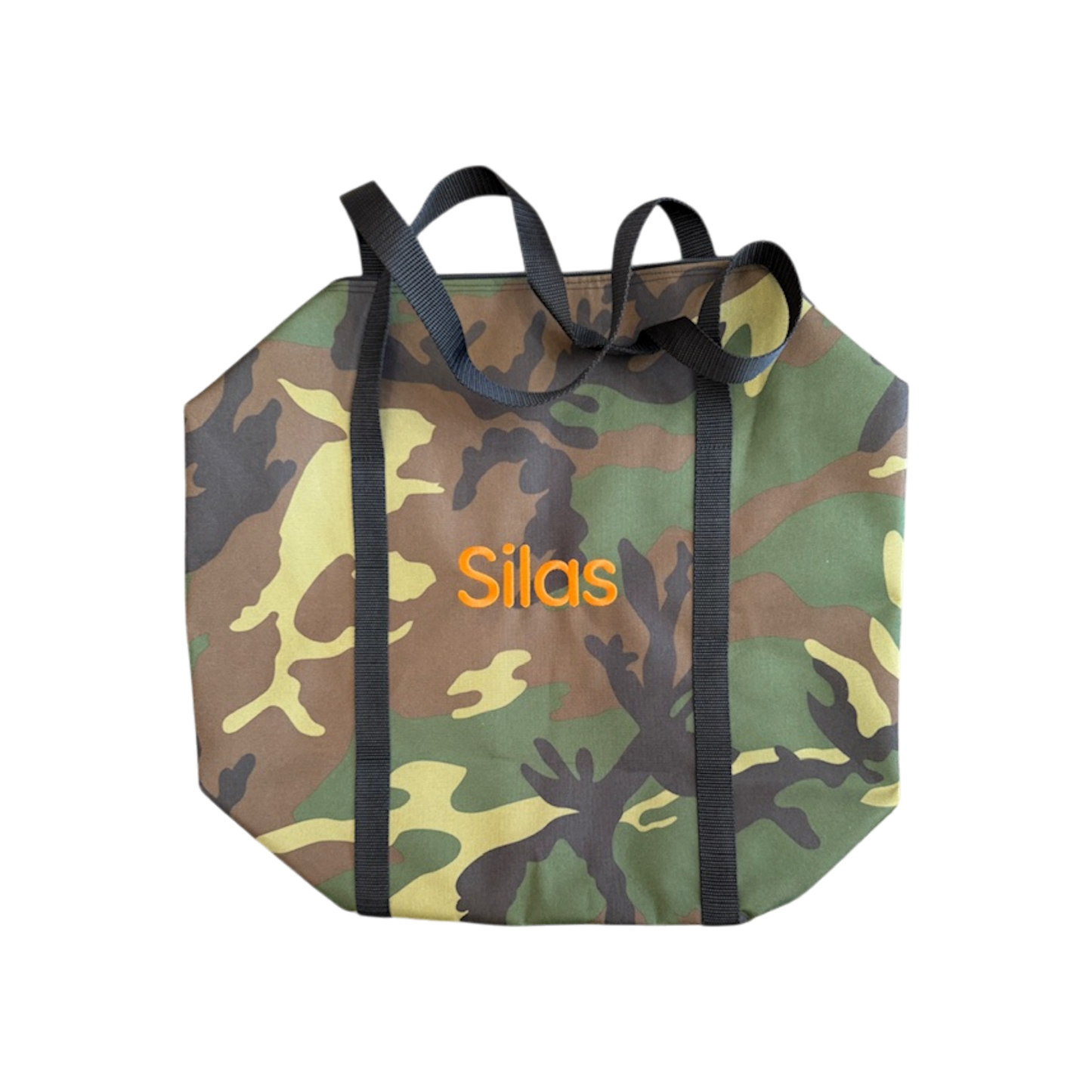 Silas Orange Name  Camo Personalized Embroidered Name Duffle Bag