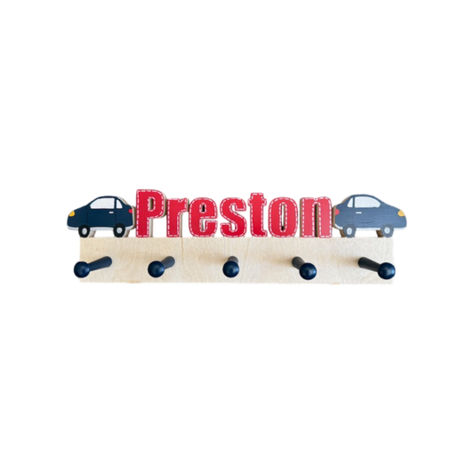 Preston Cut Out Name with Cars Wall Rack with Pegs