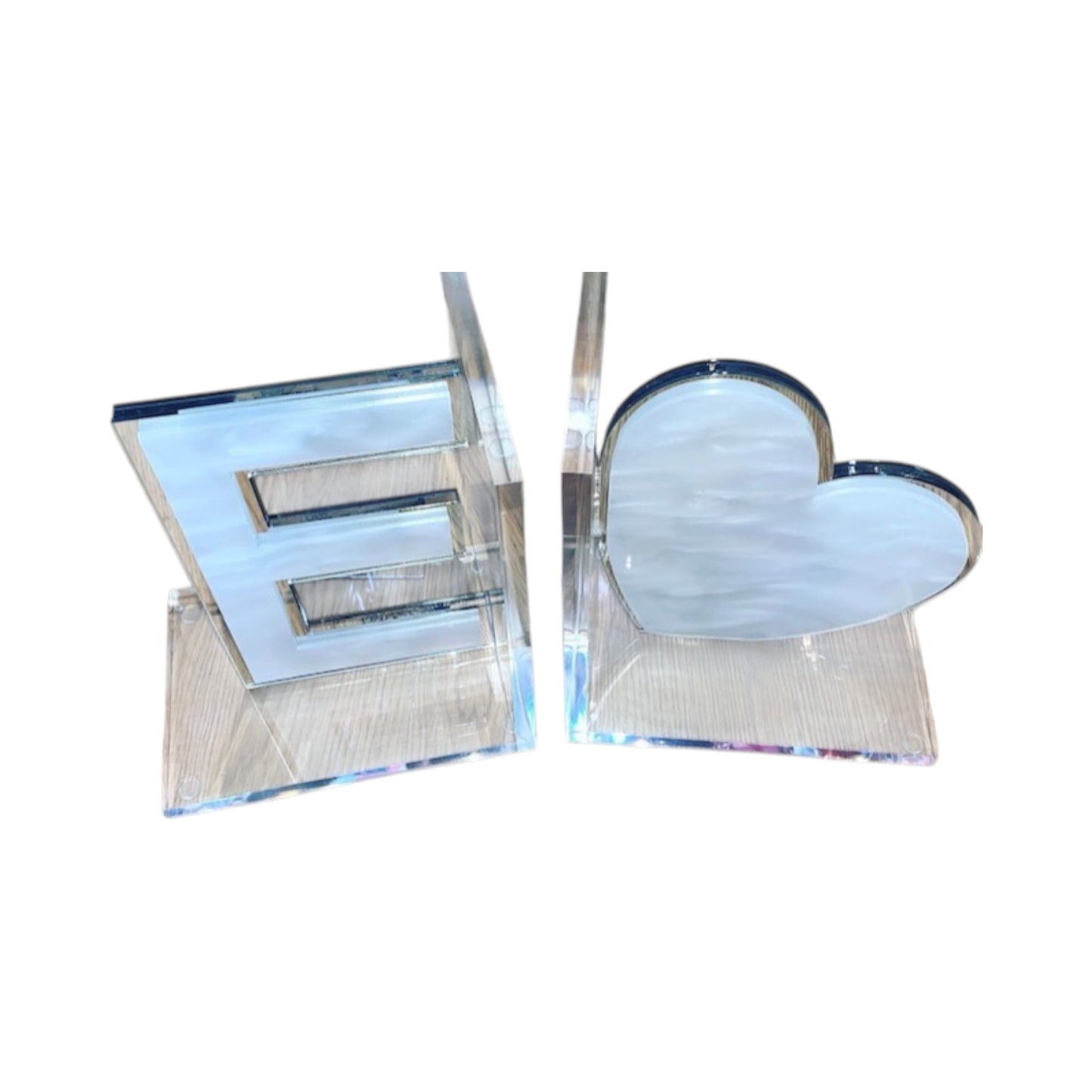 Initial E/Heart Lucite Book Ends