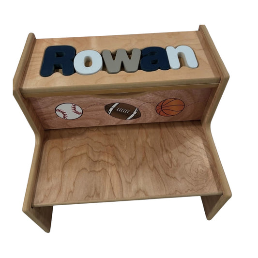 Rowan Natural Wood 2 Step Up Puzzle Stool with Sports Theme