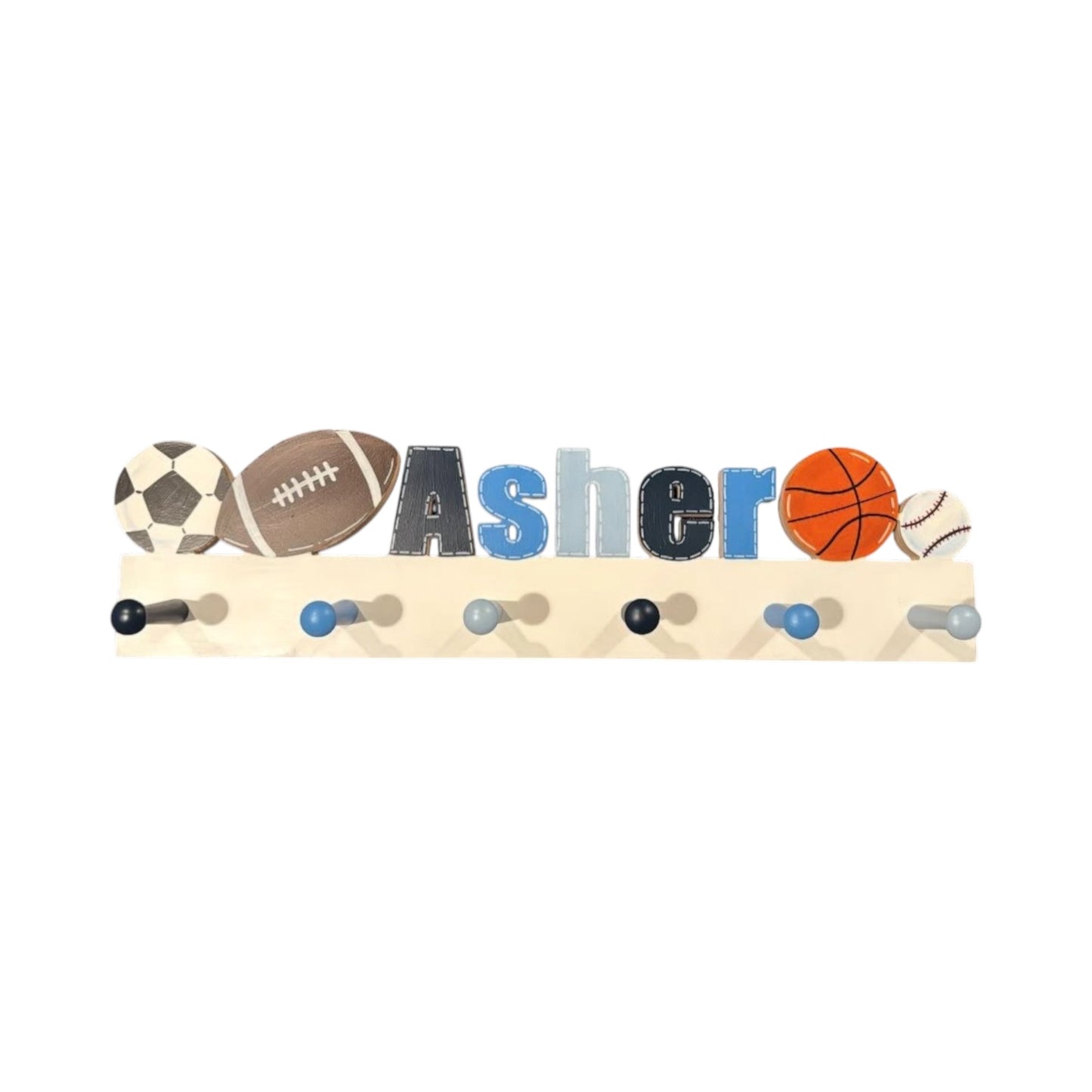 Asher Cut Out Name with Sports Balls Wall Rack with Pegs