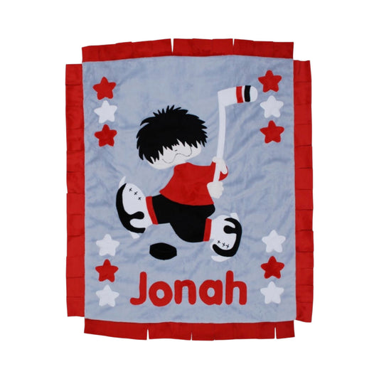 Jonah Hockey Boy Minky Fringe Blanket