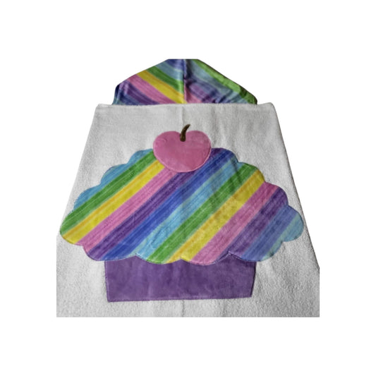 Rainbow Stripe Minky Cupcake Design Hooded Towel
