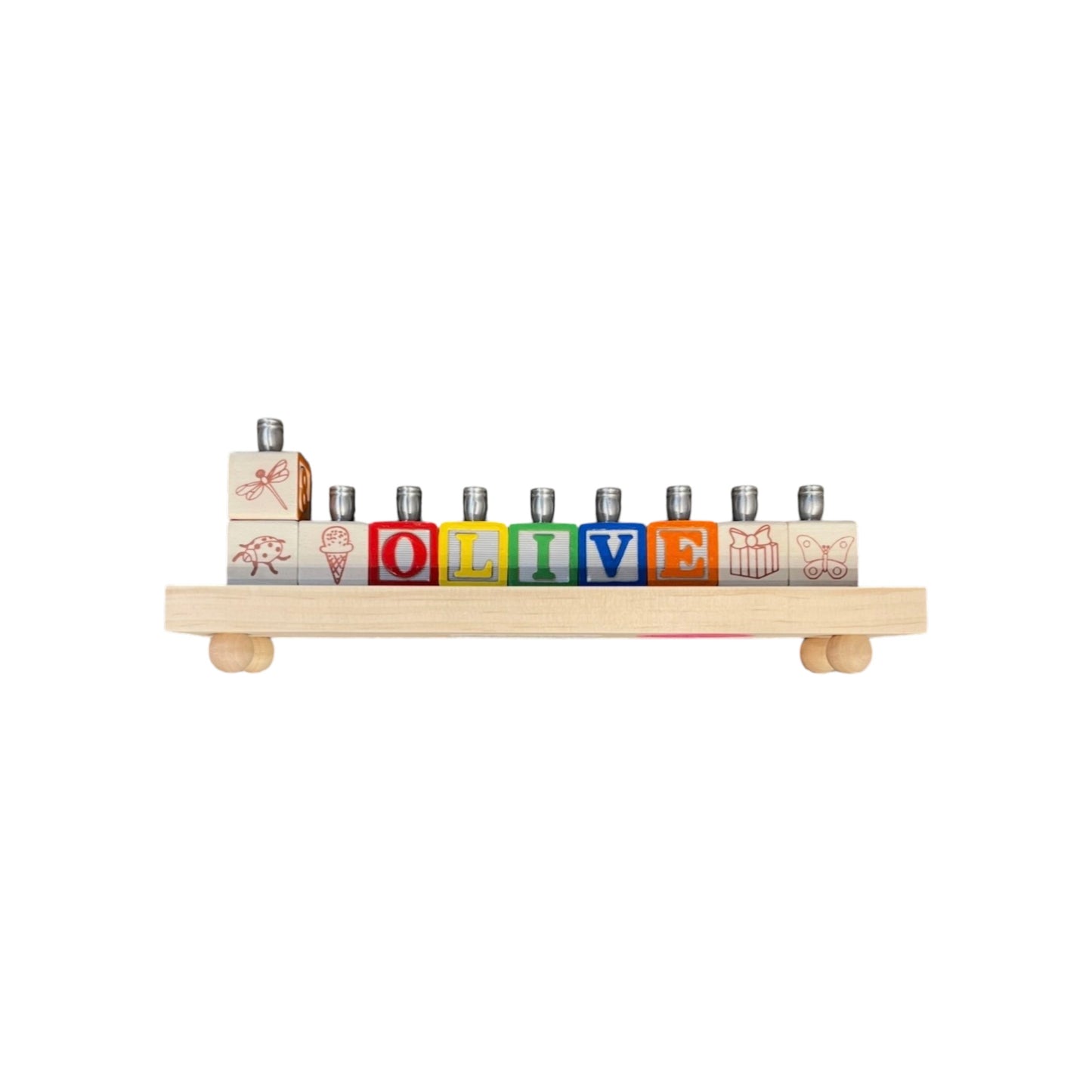 Olive Primary Personalized Hand Painted Block Menorah with a Natural Base
