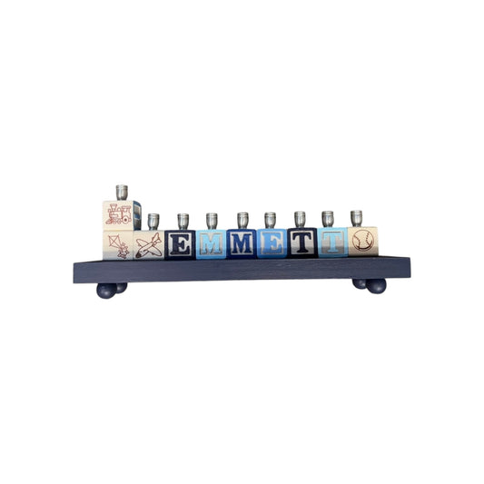 Emmett Blues Personalized Hand Painted Block Menorah with a Painted Base