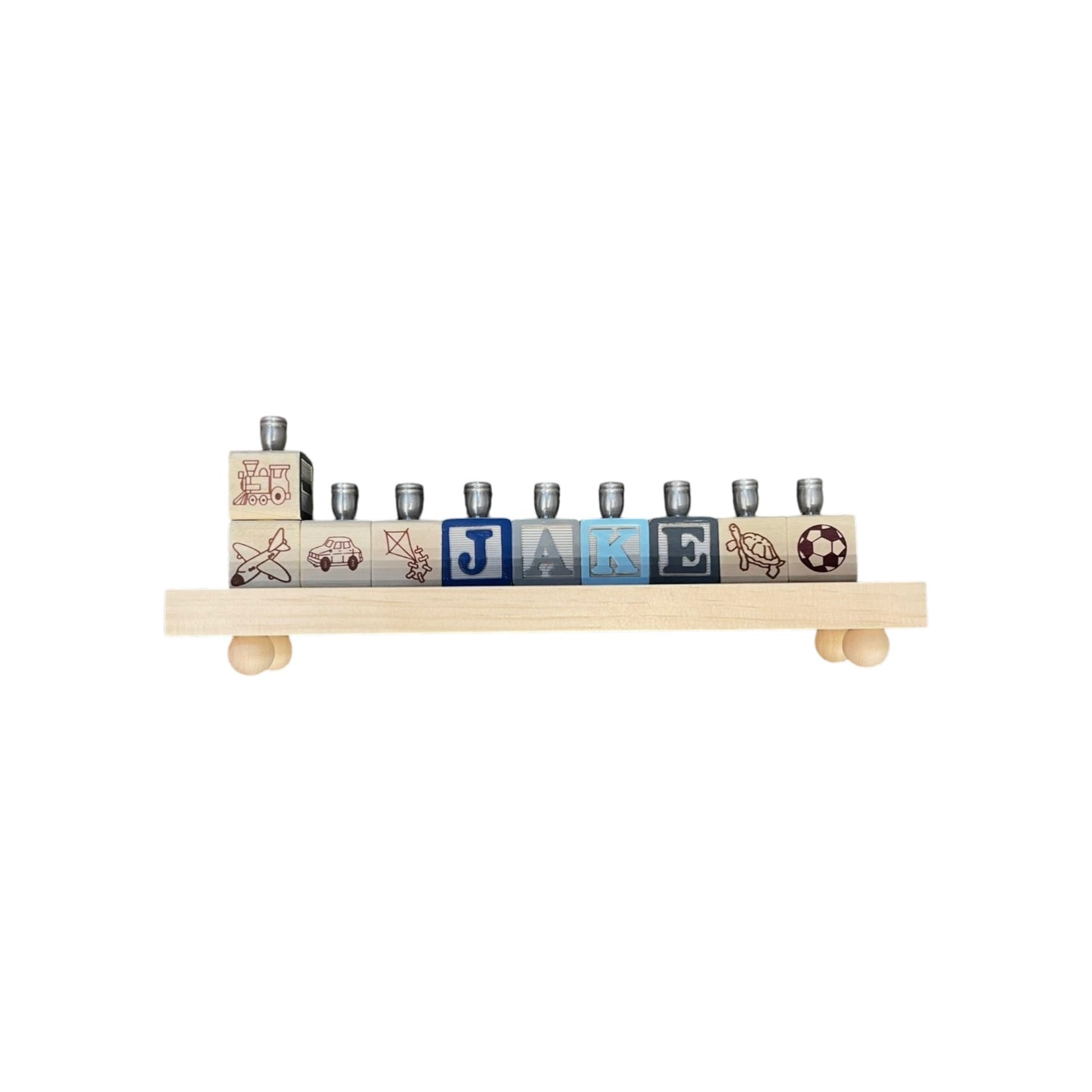 Jake Blues/Greys Personalized Hand Painted Block a Menorahwith a Natural Base