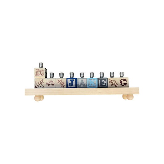 Jake Blues/Greys Personalized Hand Painted Block a Menorahwith a Natural Base