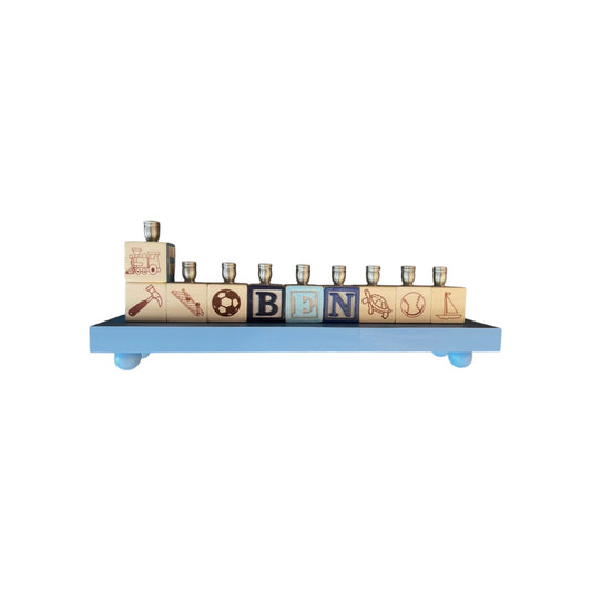 Ben Blues Personalized Block  Menorah with a Painted  Base