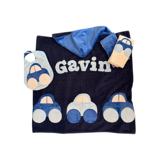 Gavin Minky Cars Design Hooded with Matching Bib & Burp Set