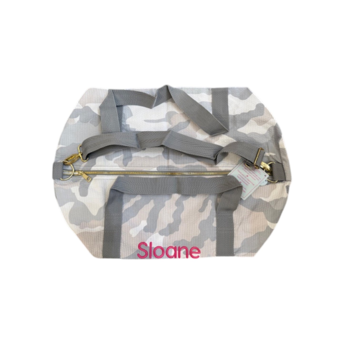 Sloane Hot  Pink Name Grey Camo Seersucker Personalized Embroidered Name Duffle Bag
