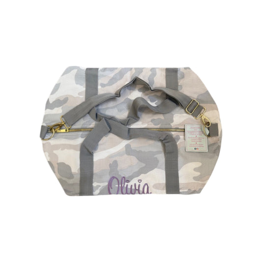 Olivia Lavendar Name Grey Camo Seersucker Personalized Embroidered Name Duffle Bag